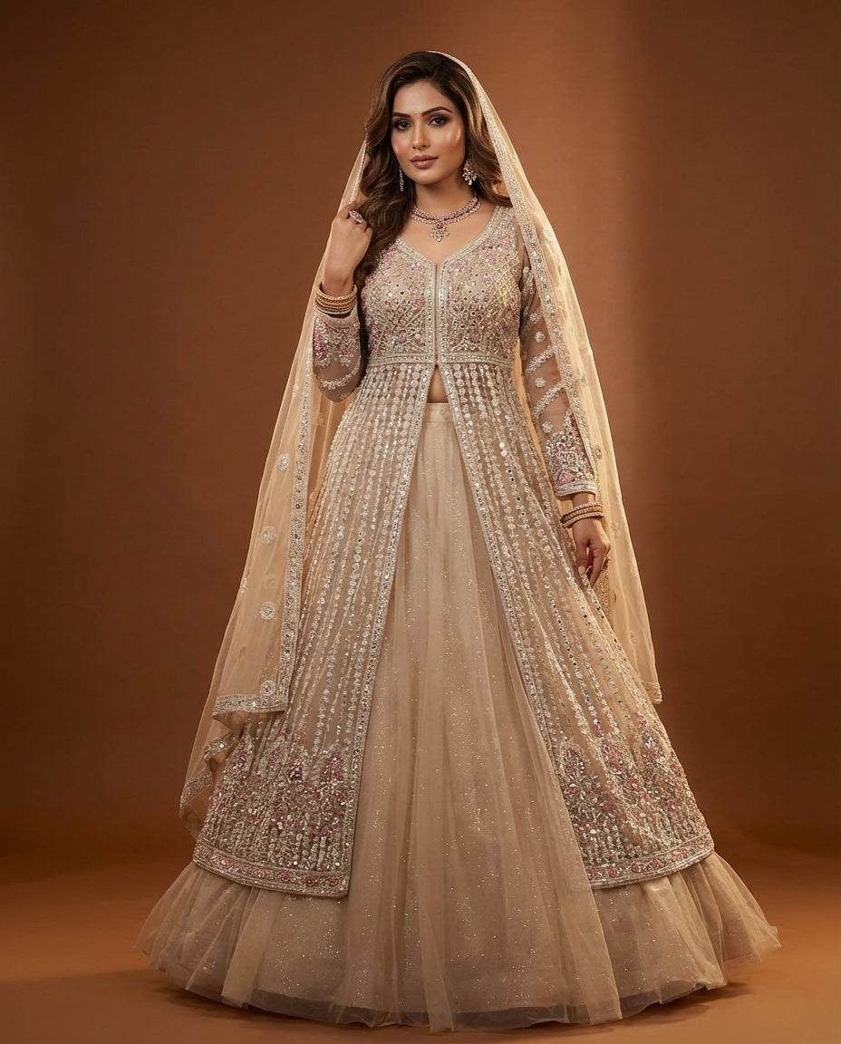 Beige Gold Embellished Anarkali Lehenga Set with Net Dupatta