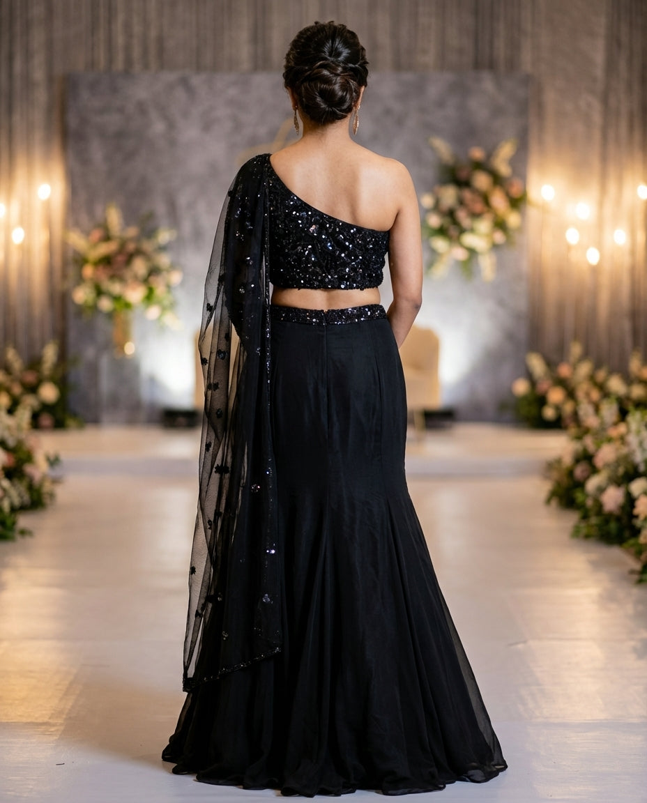 Black Fish Cut Lehenga With One Shoulder Blouse