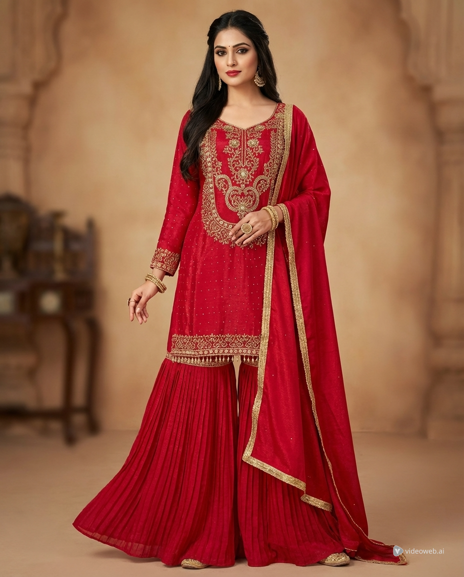 Red Embroidered Gharara Suit Set with Dupatta