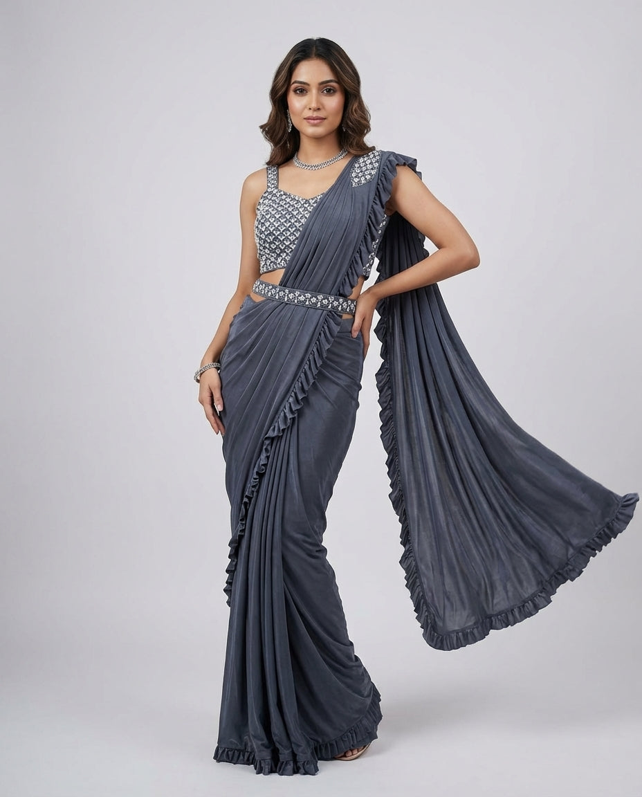Charcoal Grey Ruffled Pre-Draped Saree with Embellished Blouse
