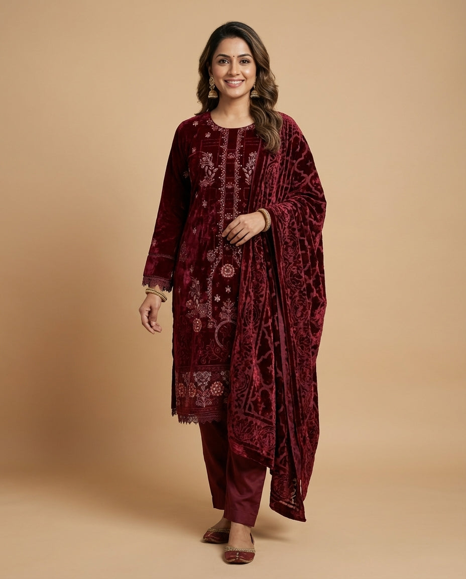 Velvet Embroidered 3-Piece Suit – black Elegance
