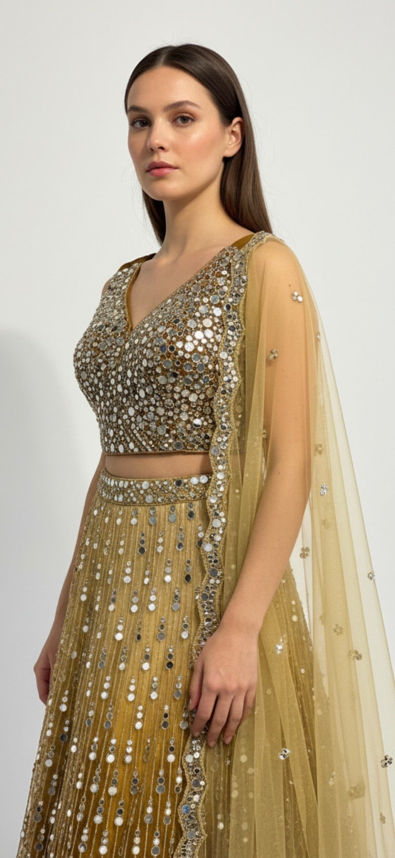 Golden Mirror-Embroidered Lehenga Set with Net Dupatta