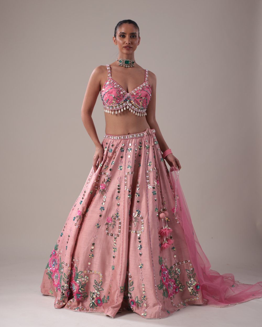 Pink Mirror & Thread Embroidered Lehenga Set