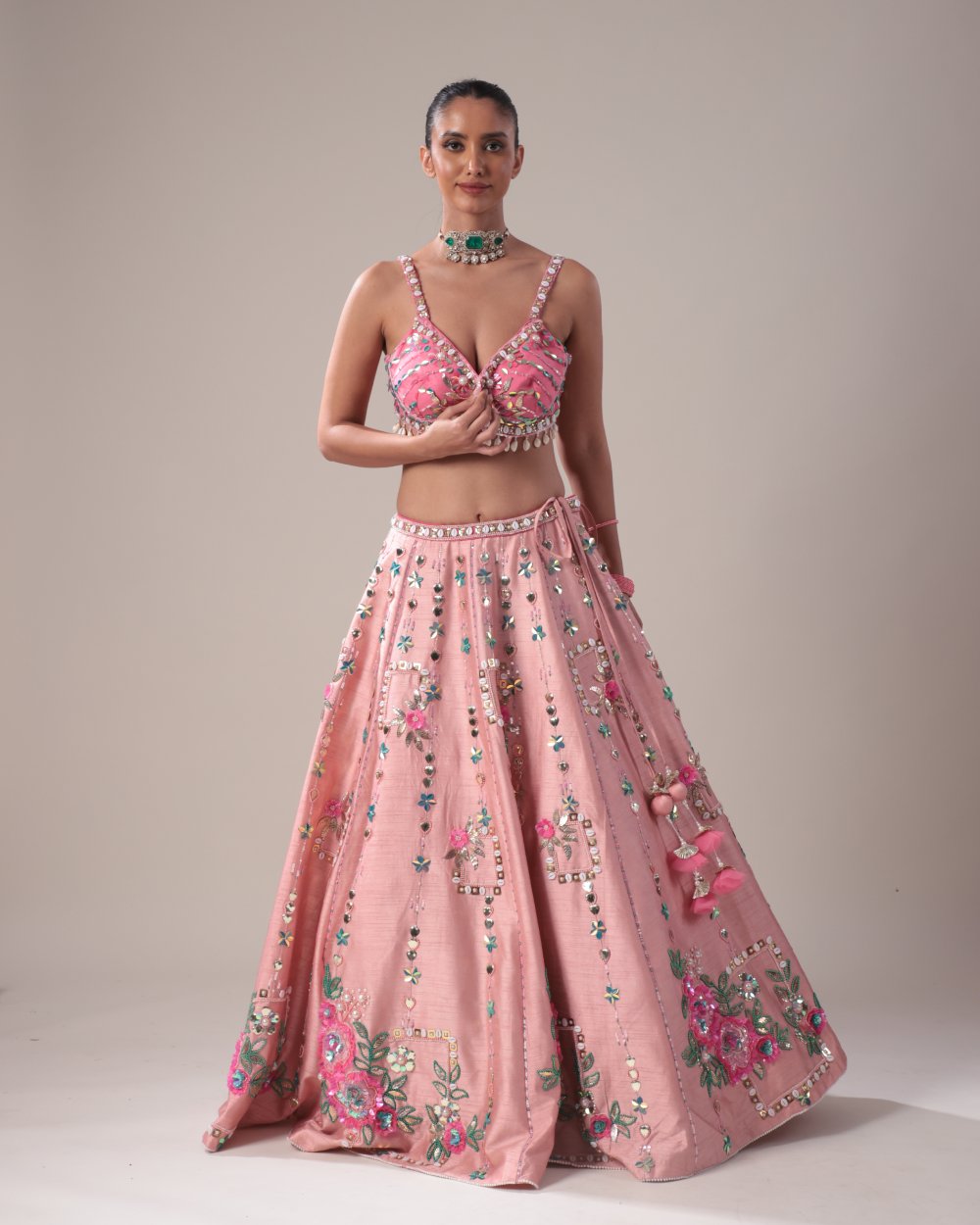 Pink Mirror & Thread Embroidered Lehenga Set