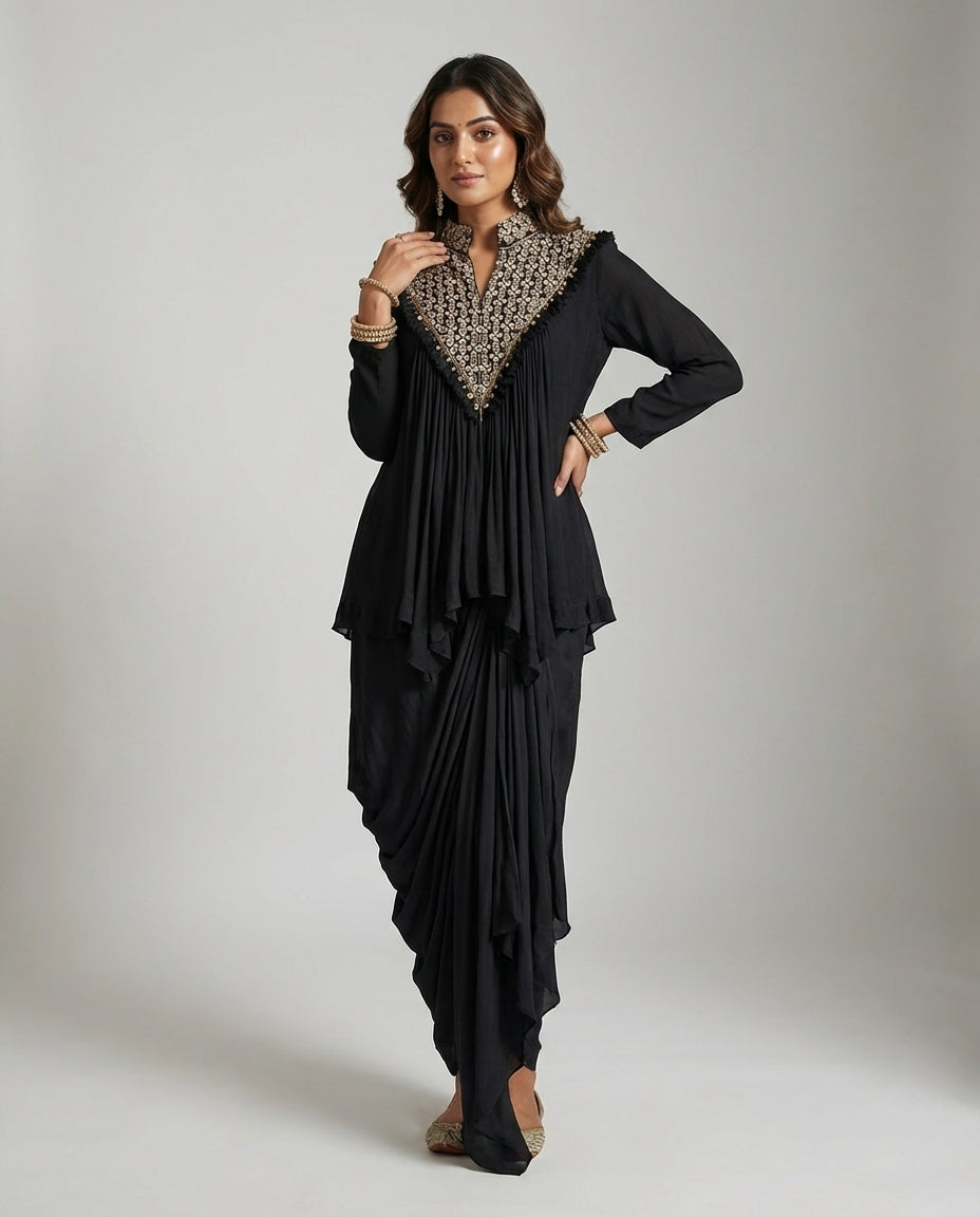 Black Embellished Dhoti Skirt Set with Flared Kurta Top