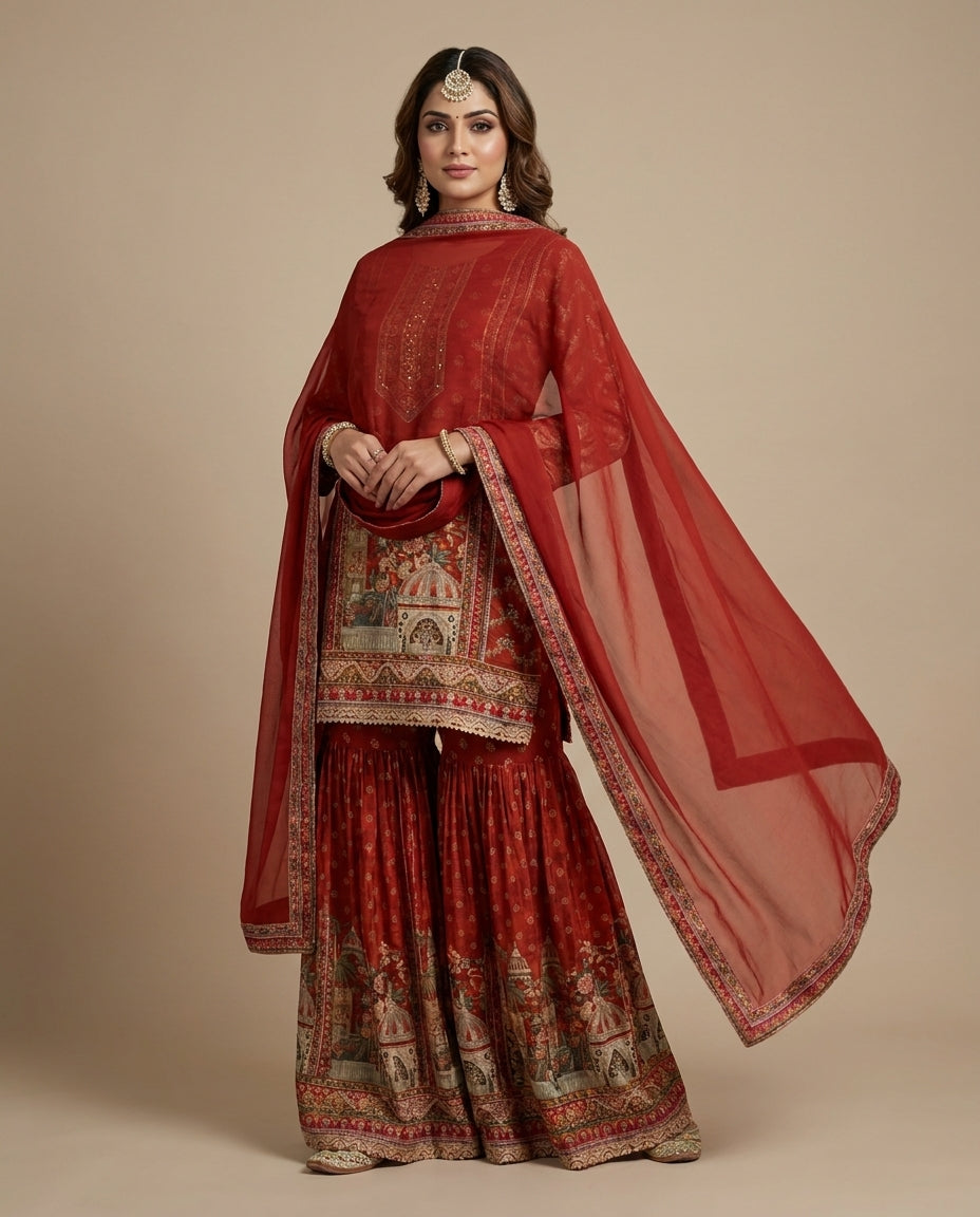 Elegant gharara suit in Rust color