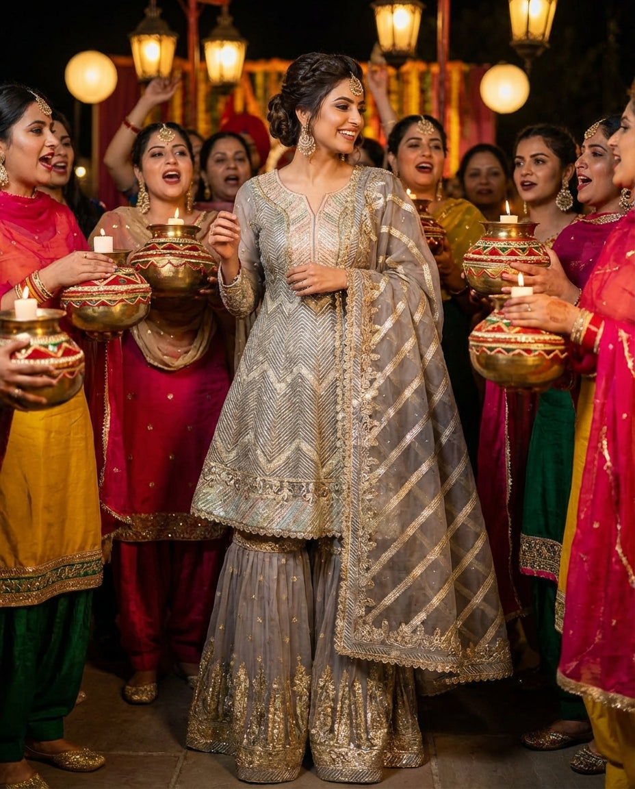 Pastel Green Embroidered Anarkali  Sharara Set with Dupatta