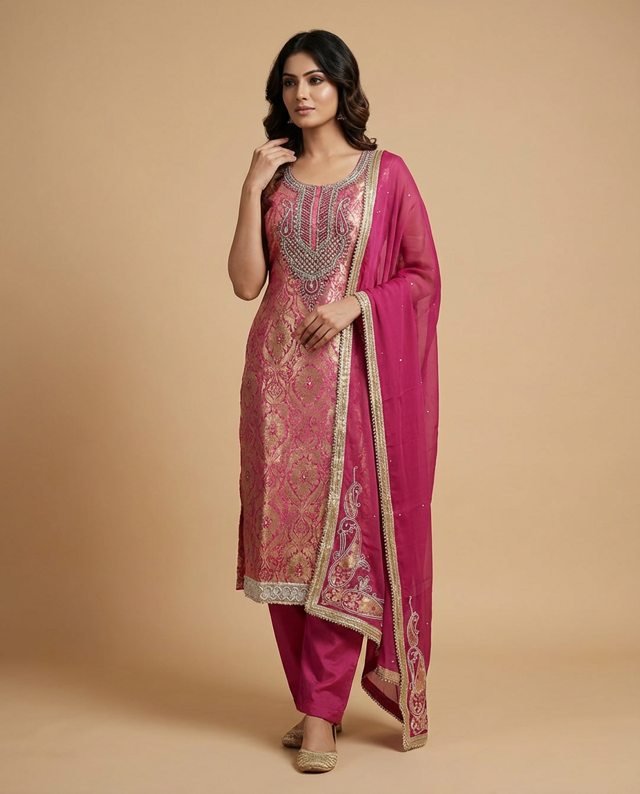 Red/ Hot Pink and Gold Banarsi unstitched suit