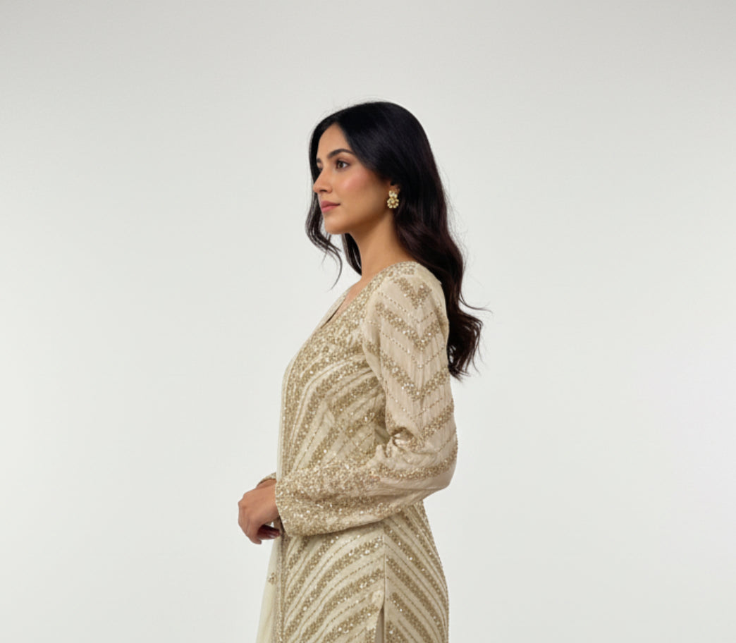 Ivory Gold Embroidered Georgette Sharara Set