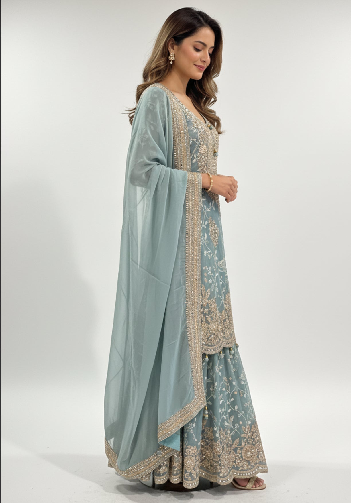 Dusty Blue Embroidered Georgette Sharara Set