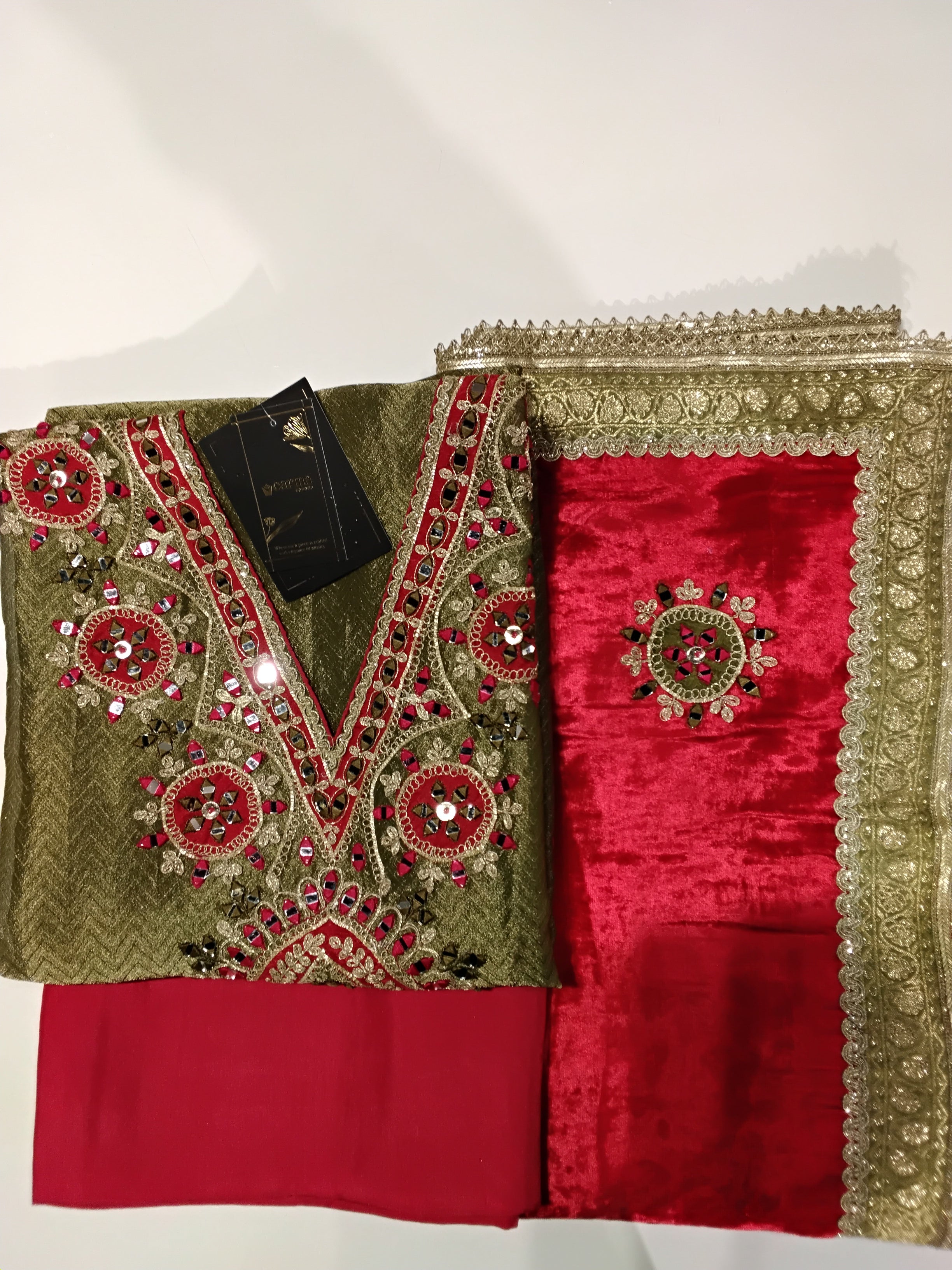 Olive Green & Red Embroidered Unstitched Suit Set with Velvet Dupatta