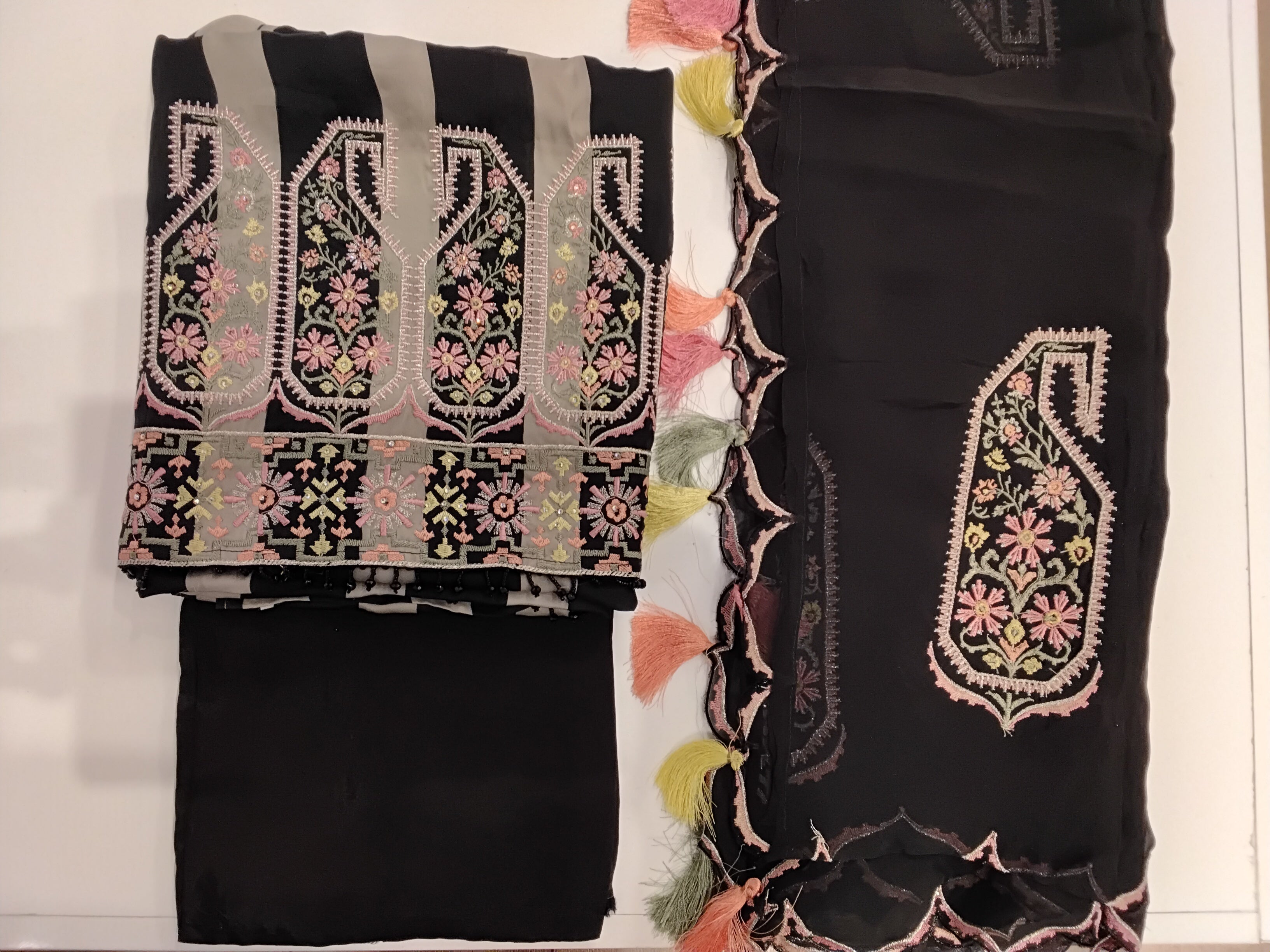 Black Embroidered Unstitched Suit Set with Tassel Dupatta