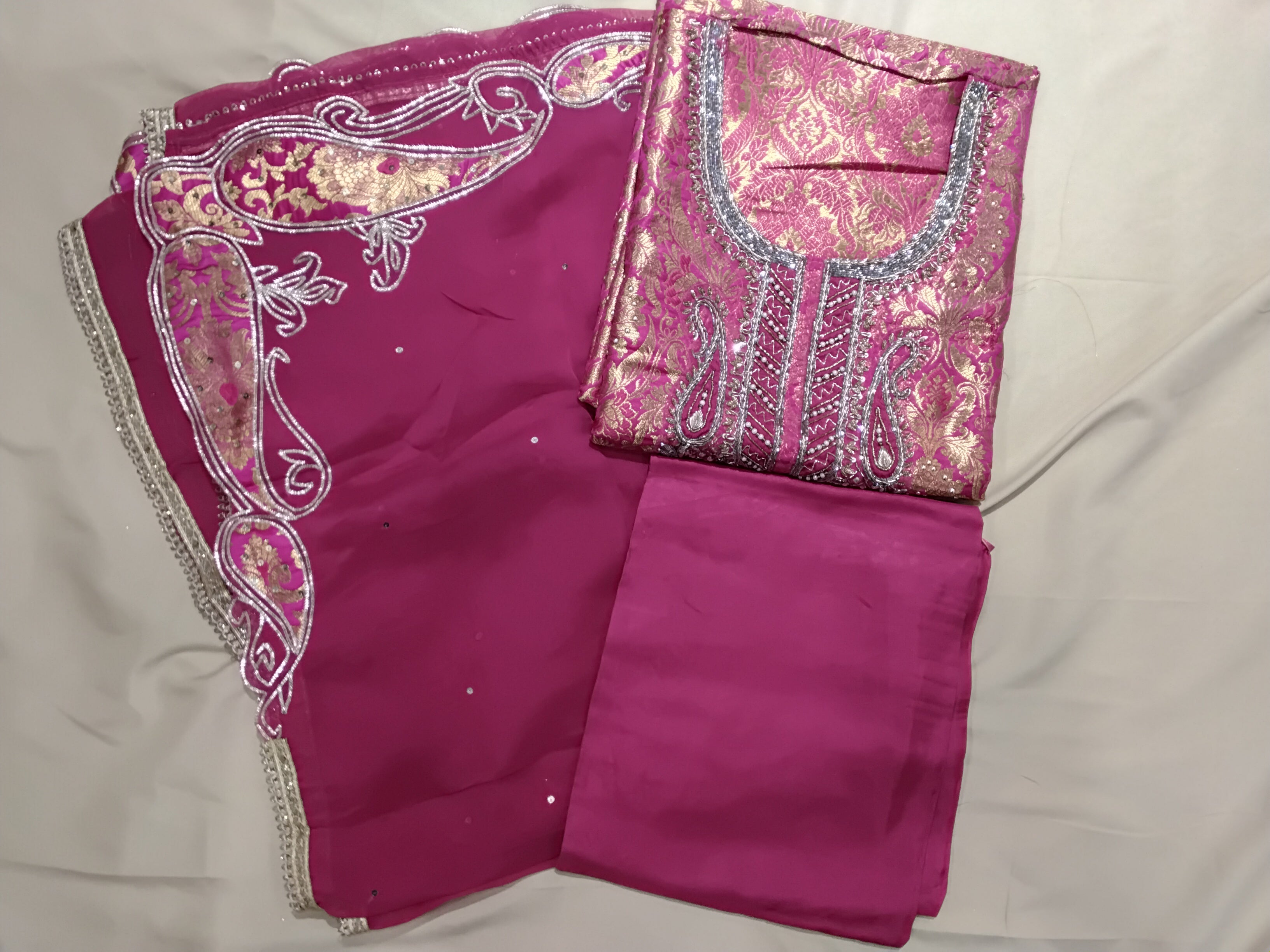 Red/ Hot Pink and Gold Banarsi unstitched suit