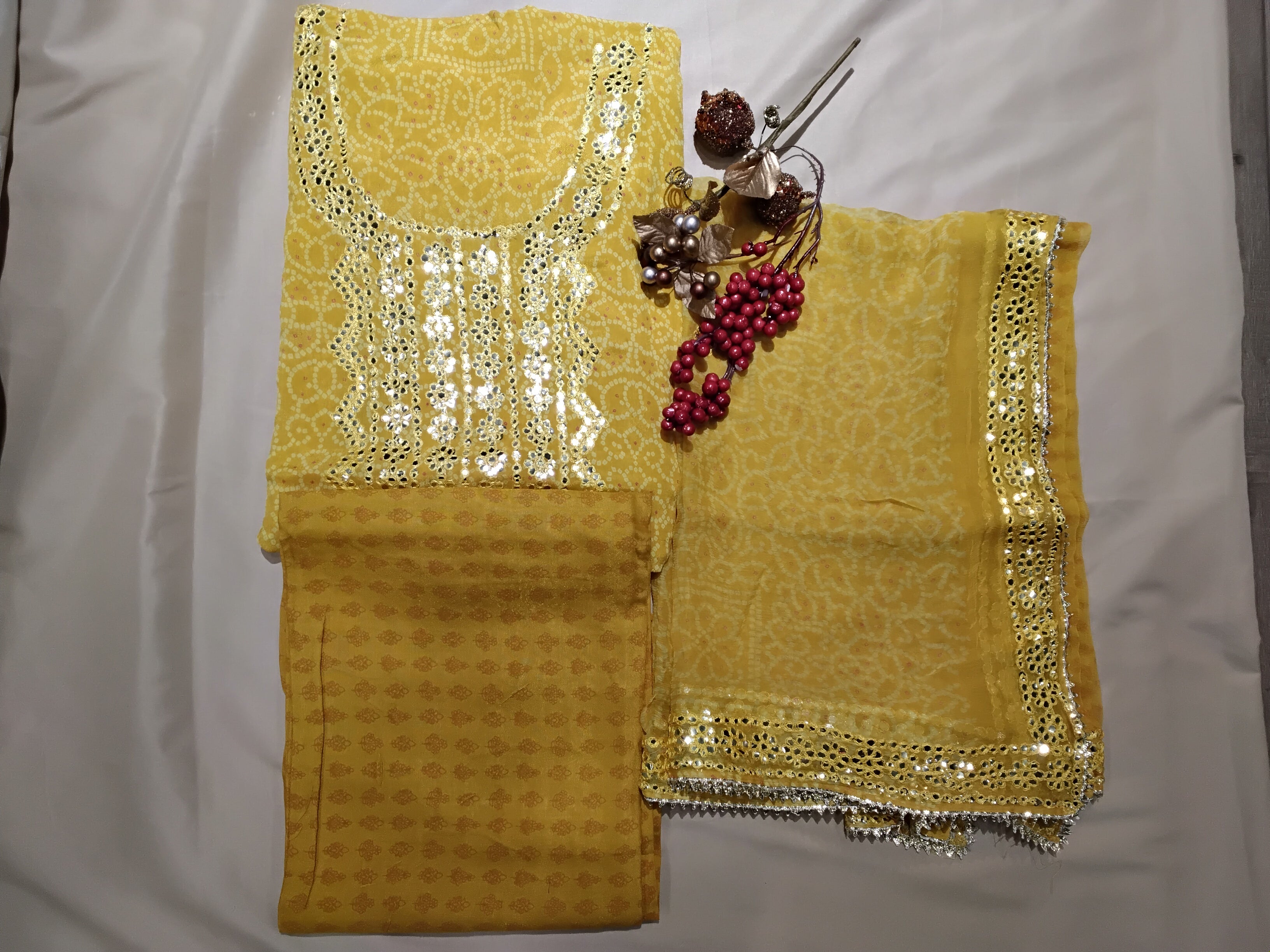 Soft sequin & mirror work unstitched suit