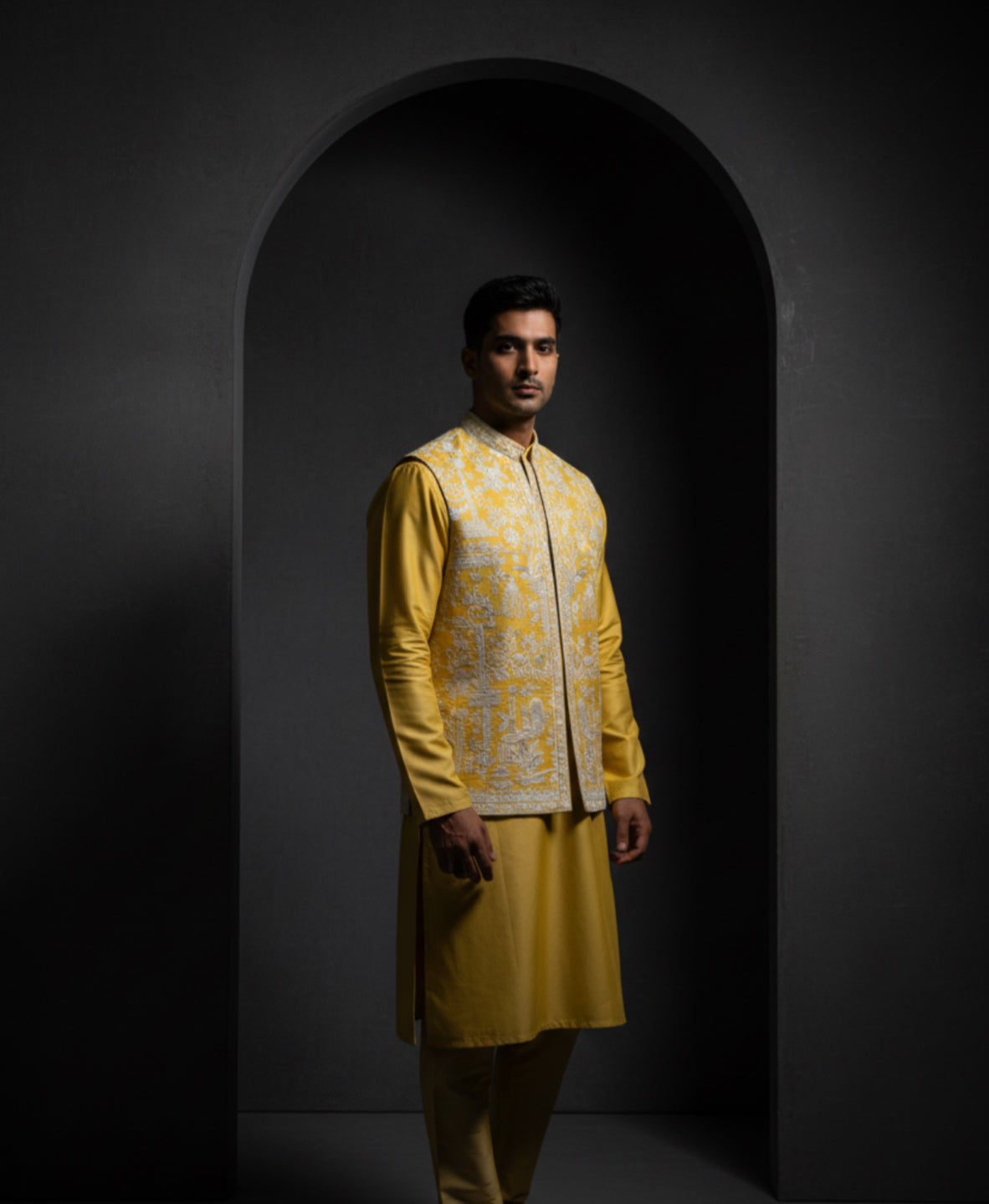 Mustard Yellow and White Achkan
