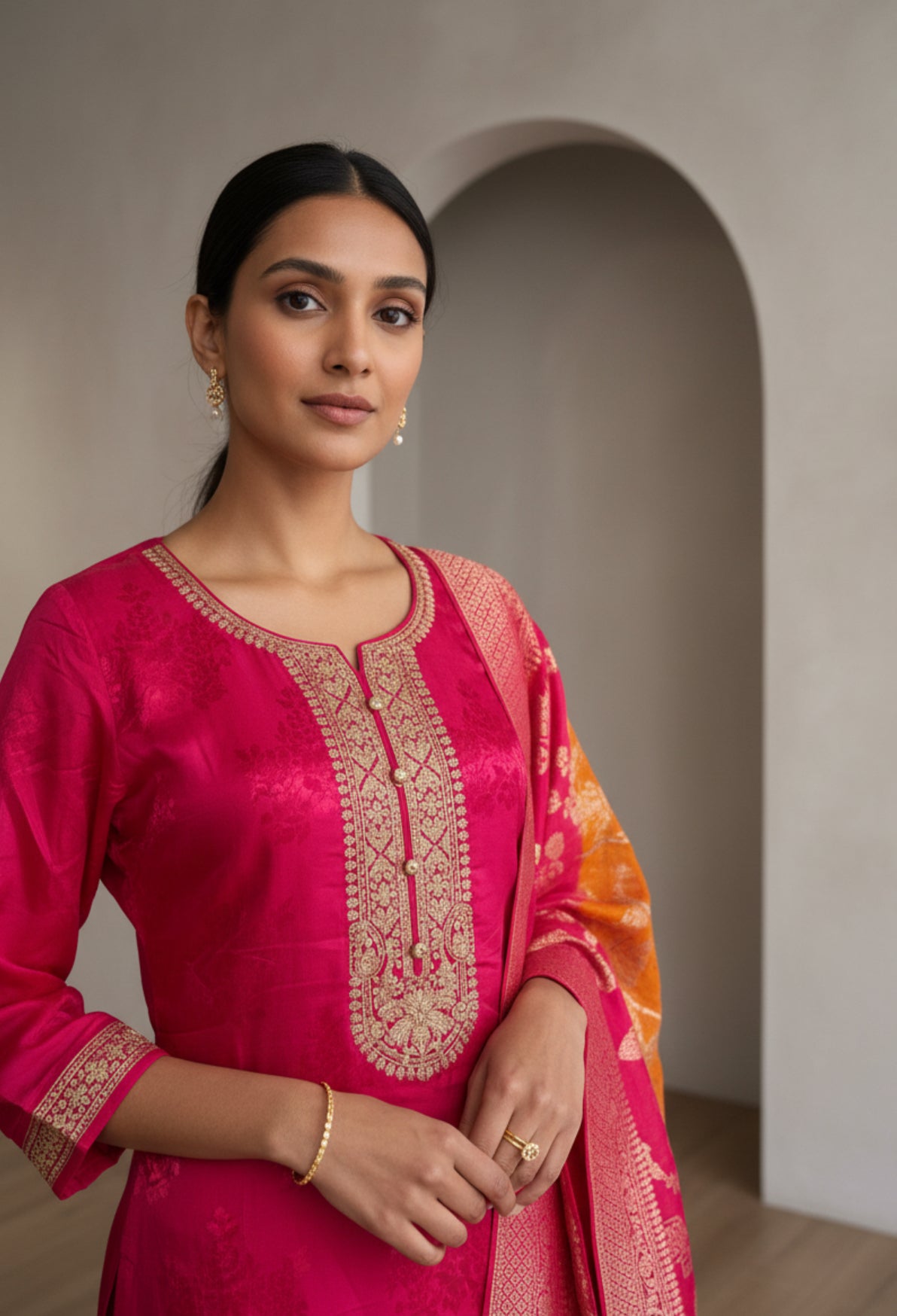 Fuchsia Pink and Orange Banarasi Silk Suit Set