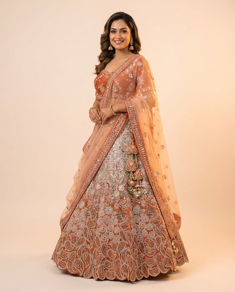 Peach Embellished Semi-Formal Lehenga Set