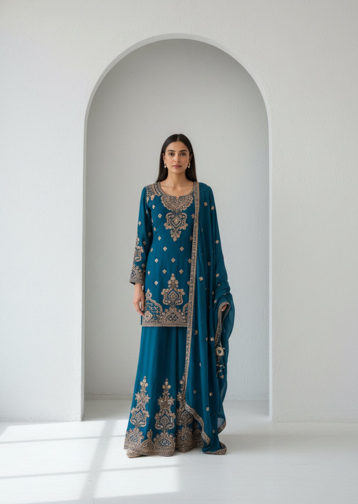 Wine Embroidered Chinnon Sharara Set