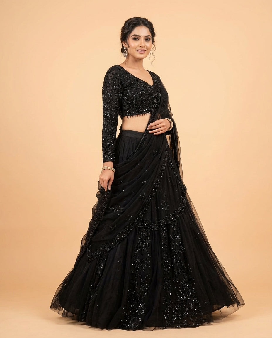 Black Sequin Embellished Draped Saree with Long-Sleeve Blouse
