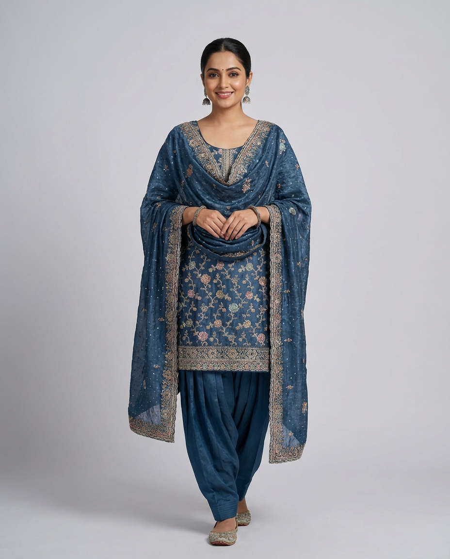 Embroidered Blue Suit Set with Designer Dupatta
