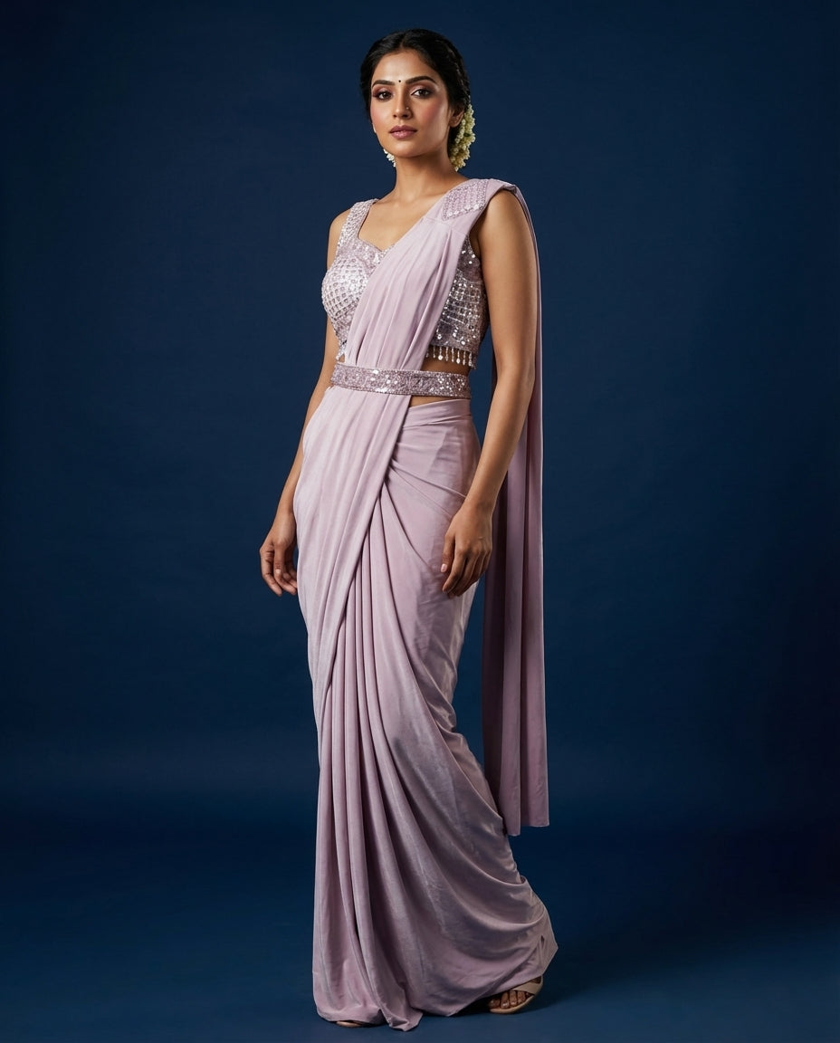 light mocha bridesmaid dresses Blush Lavender Embellished Pre-Draped Saree with Sequined Blouse