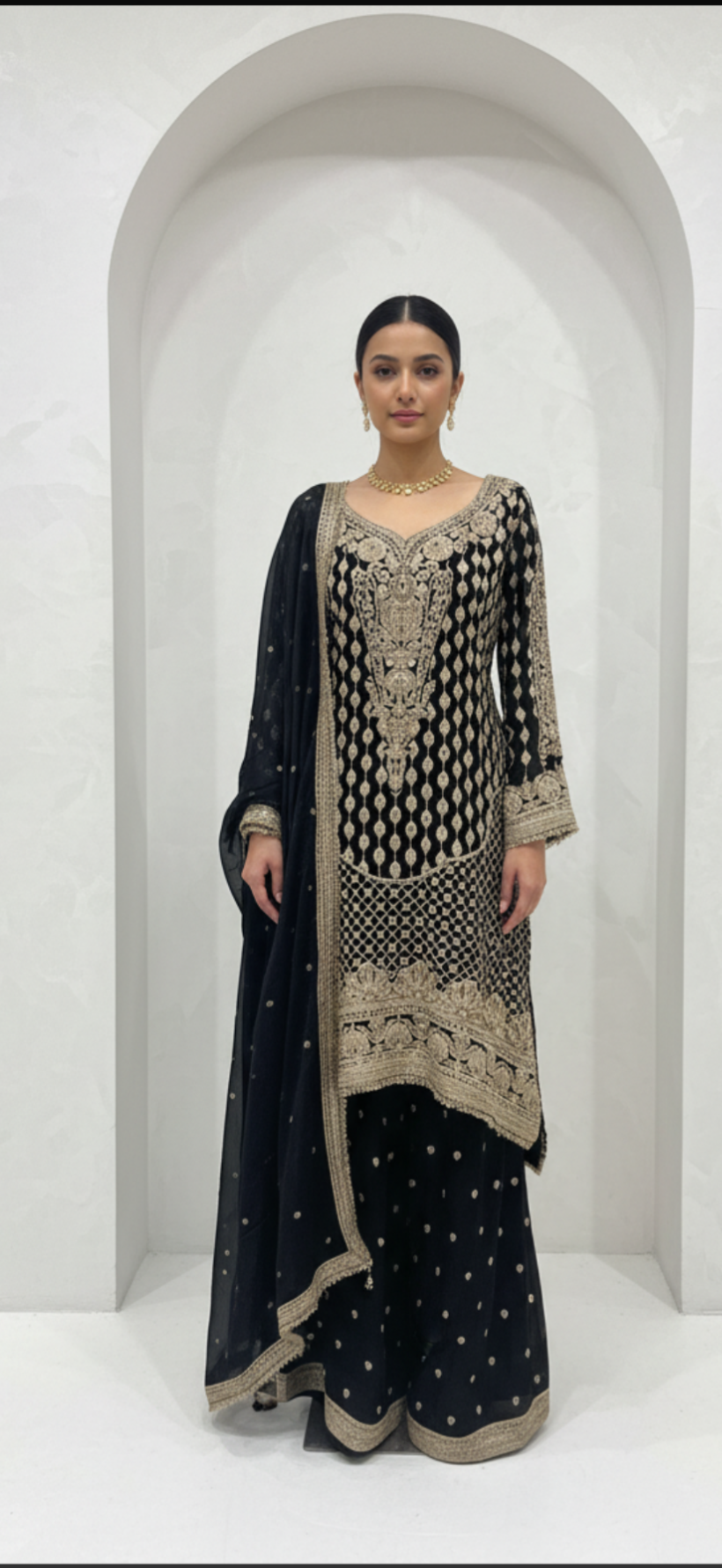 Gold Embroidered Chinnon High-low palazzo Set