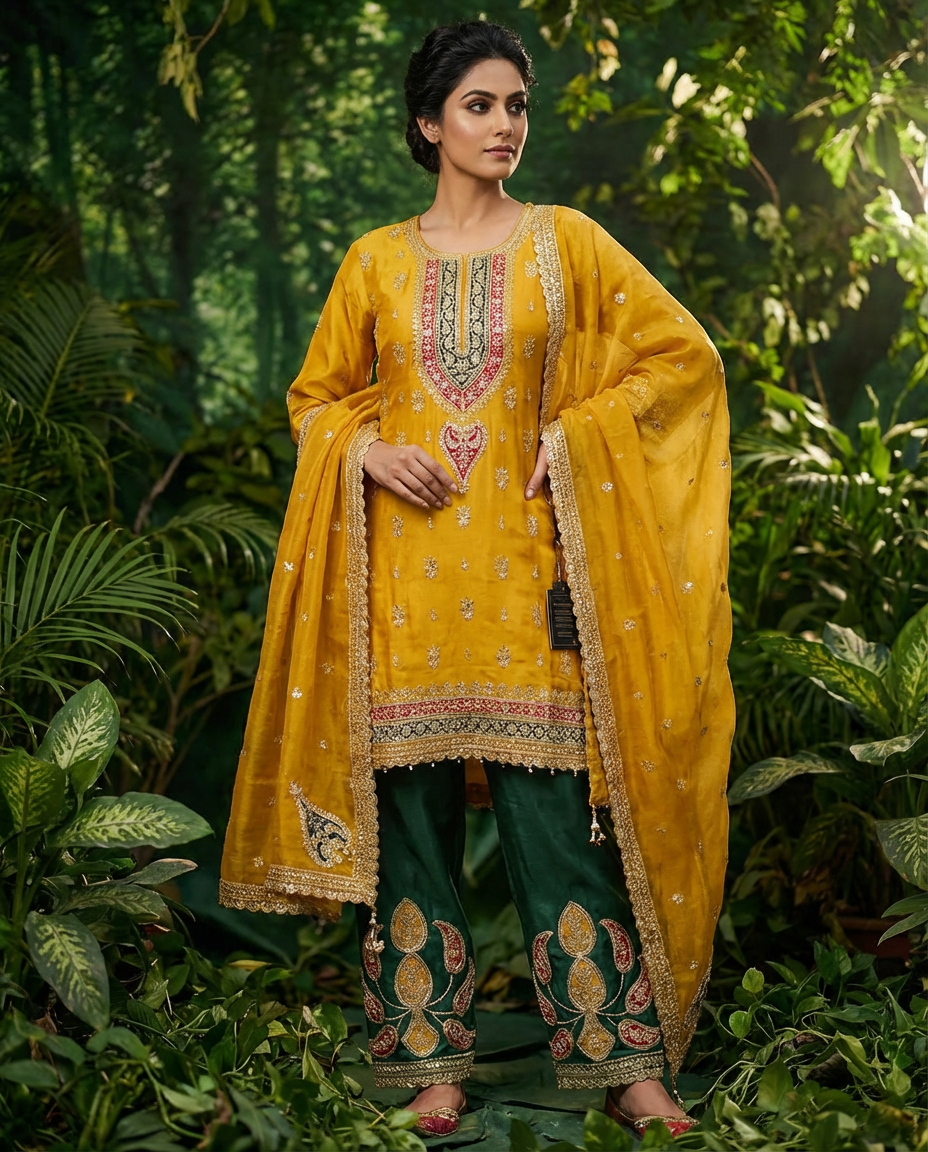 Mustard Yellow Embroidered Kurta Set