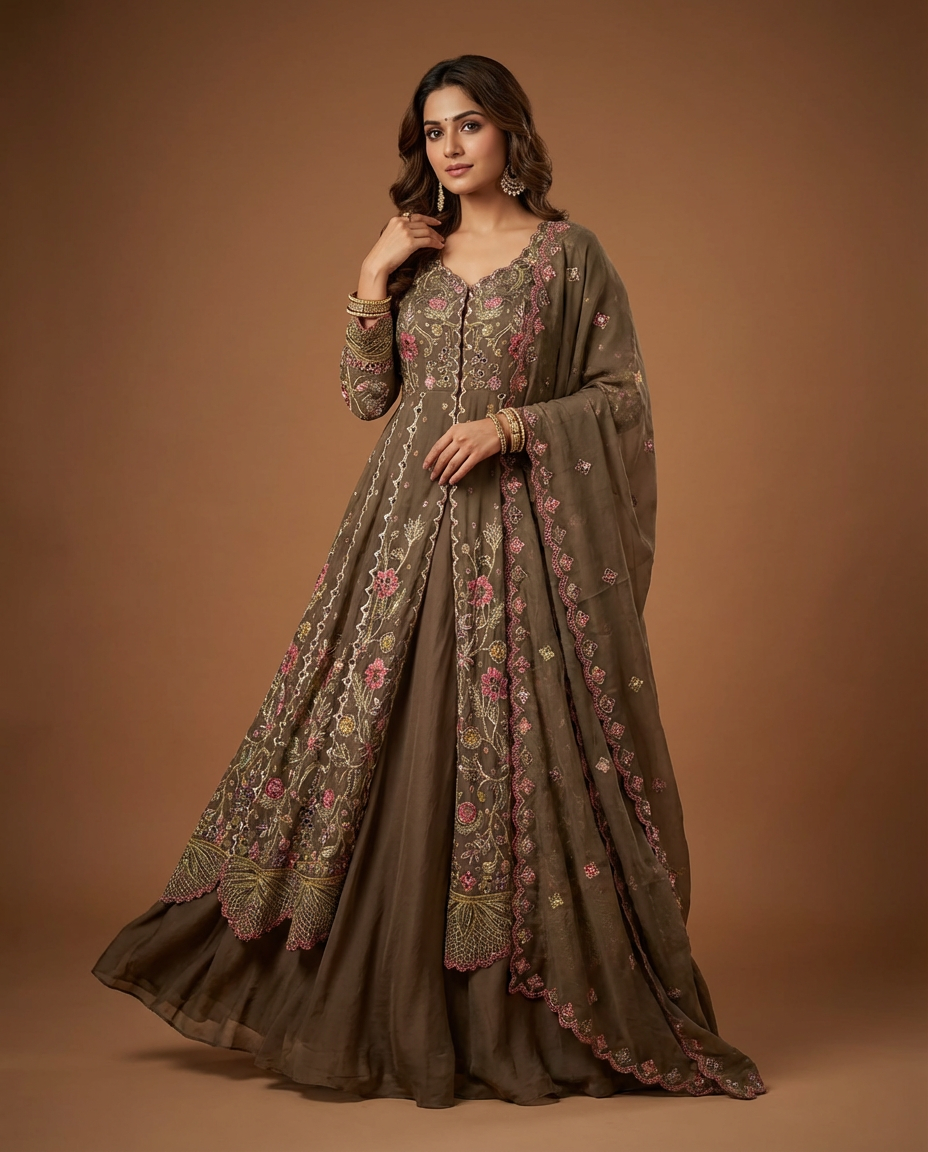 Olive Brown Embroidered Anarkali Lehenga Set