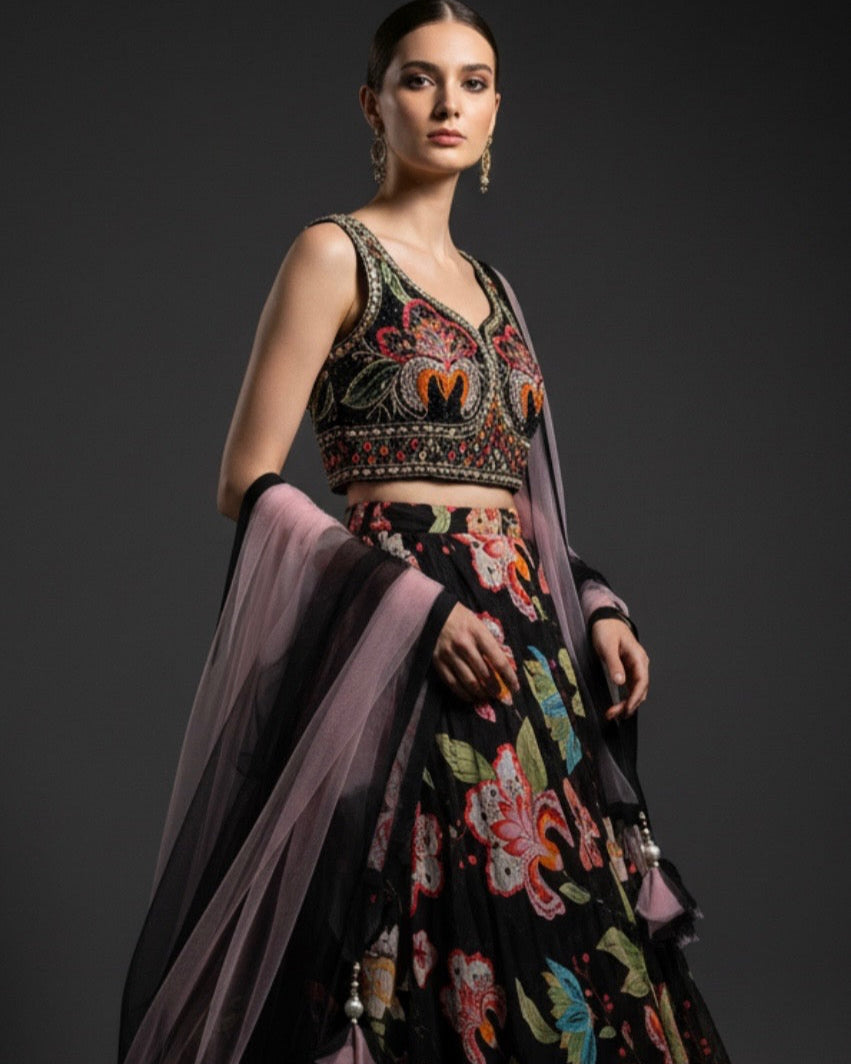 Black Printed Lehenga Set with Floral Motifs & Net Dupatta