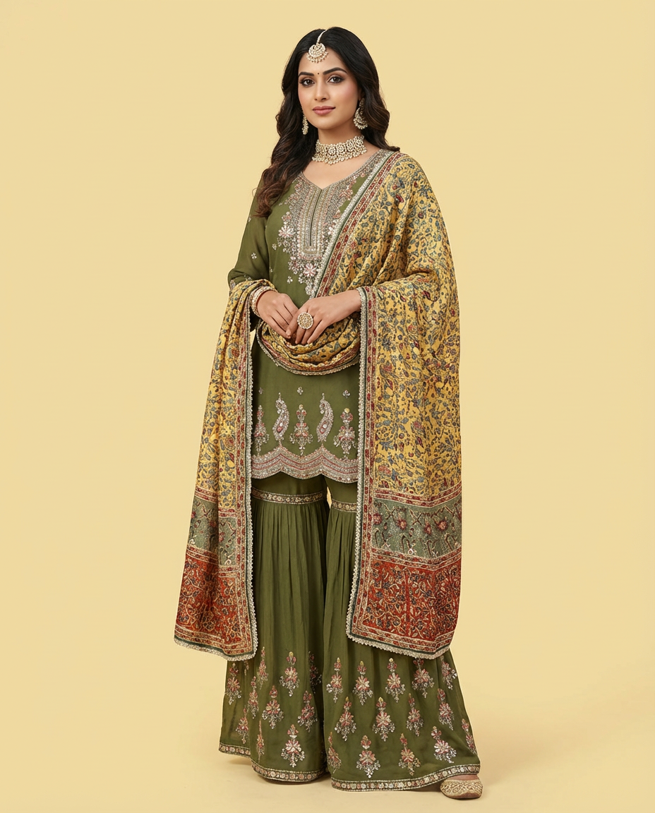 Olive Green Embroidered Sharara Suit Set