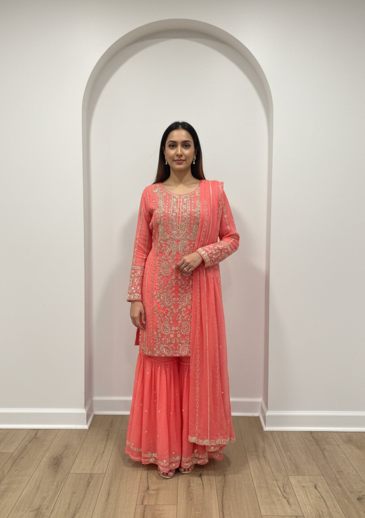 Coral Pink Embroidered Georgette Sharara Set