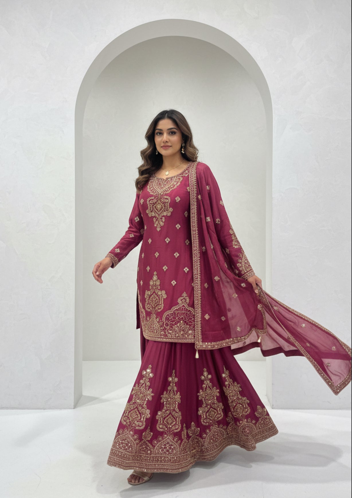 Wine Embroidered Chinnon Sharara Set