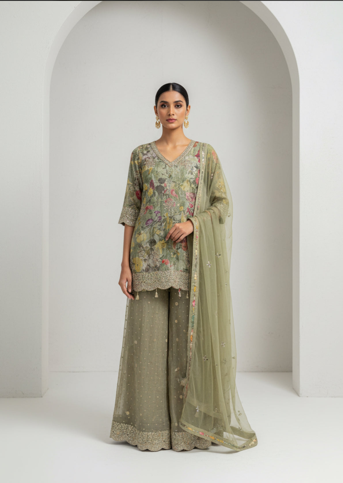 Olive Green Floral Kurta Sharara Set with Net Dupatta