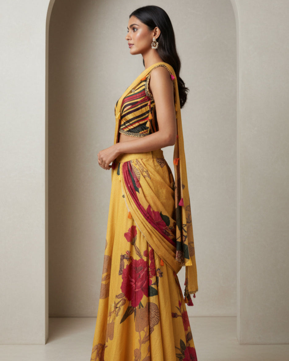 Yellow Multi Printed Saree