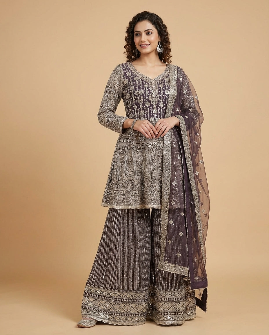 Wine Embroidered Sharara Set with Dupatta