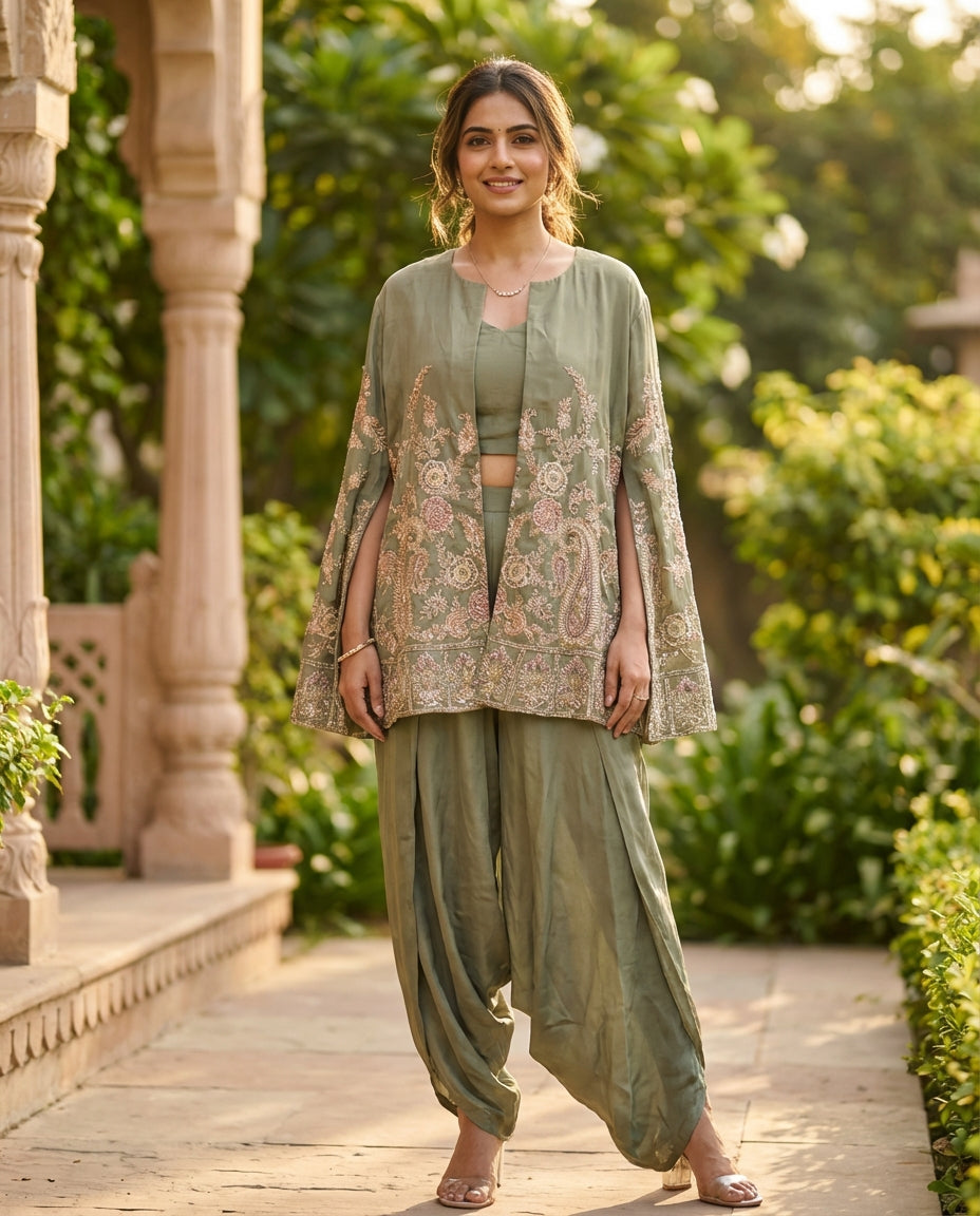 Sage Green Crop Top With Cape And Genie Pants