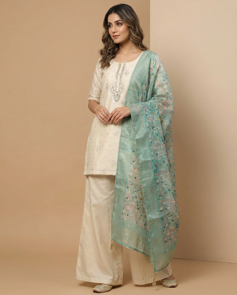Versatile Flared Pants Suits With Printed Banarsi Dupatta