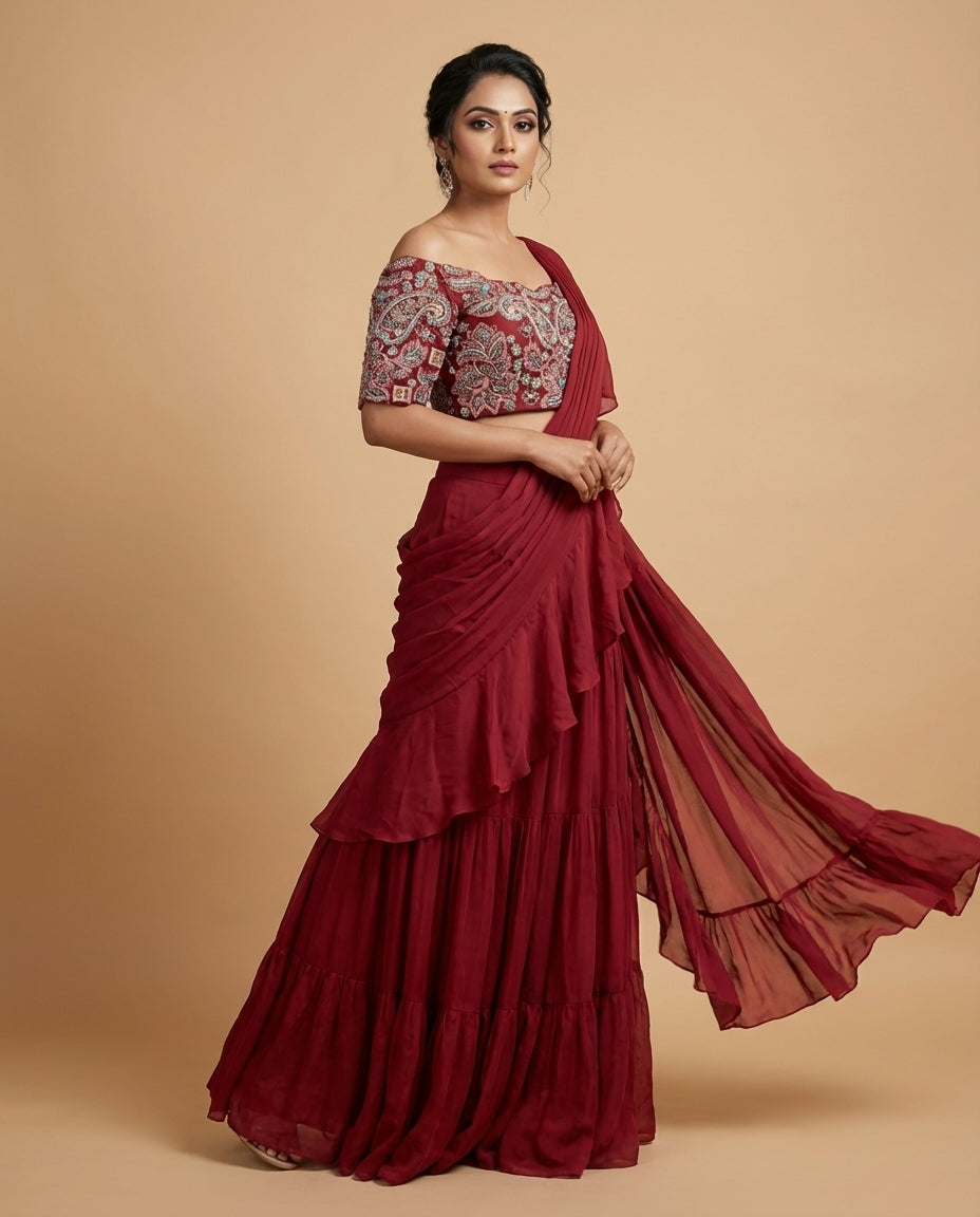 Wine Red Ruffled Draped Saree with Embroidered Blouse