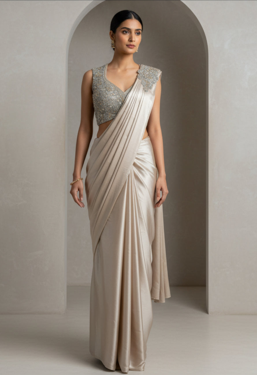 Champagne Satin Drape Saree