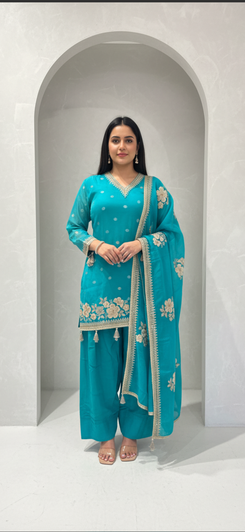 Fuchsia Pink/ Blue Embroidered Silk Suit Set