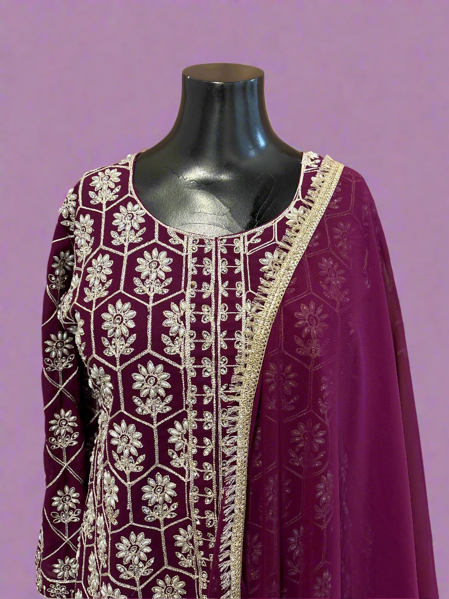 Maroon Embroidered Sharara Suit