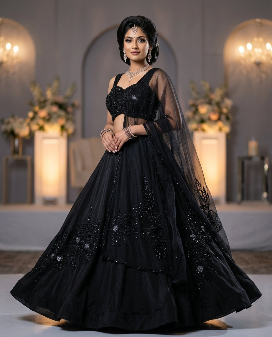 Sophisticated Black on Black Embroidered lehenga