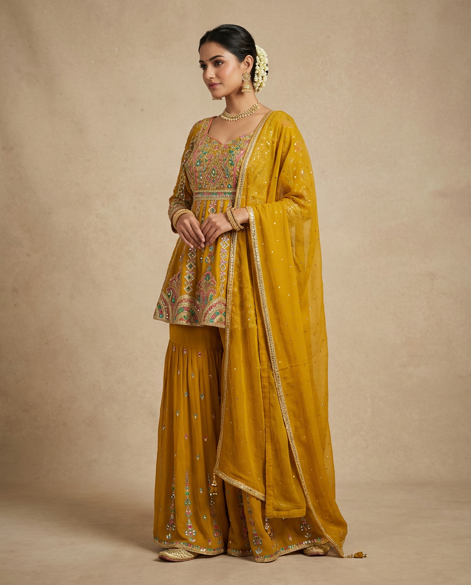 Mustard Embroidered Sharara Set