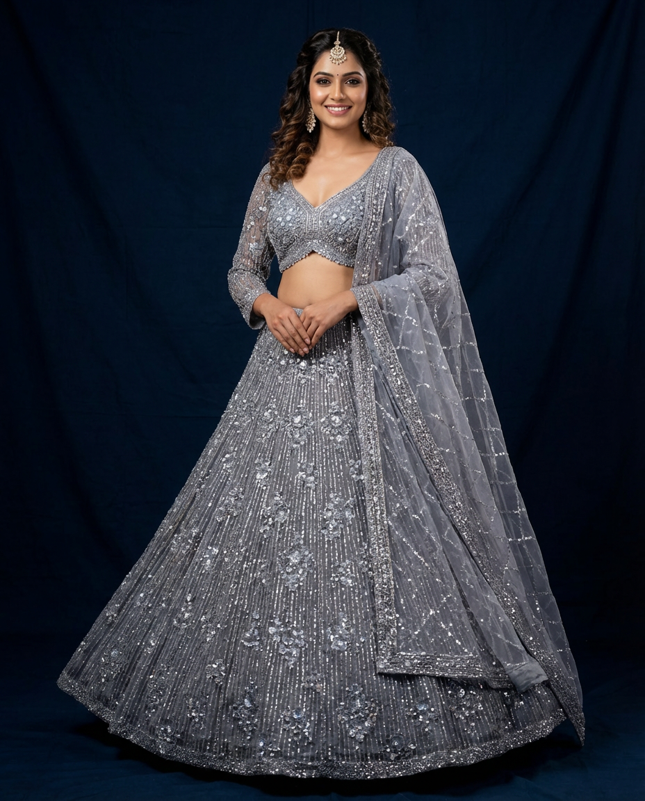 Silver Grey Sequined Lehenga Set with Embellished Blouse & Net Dupatta