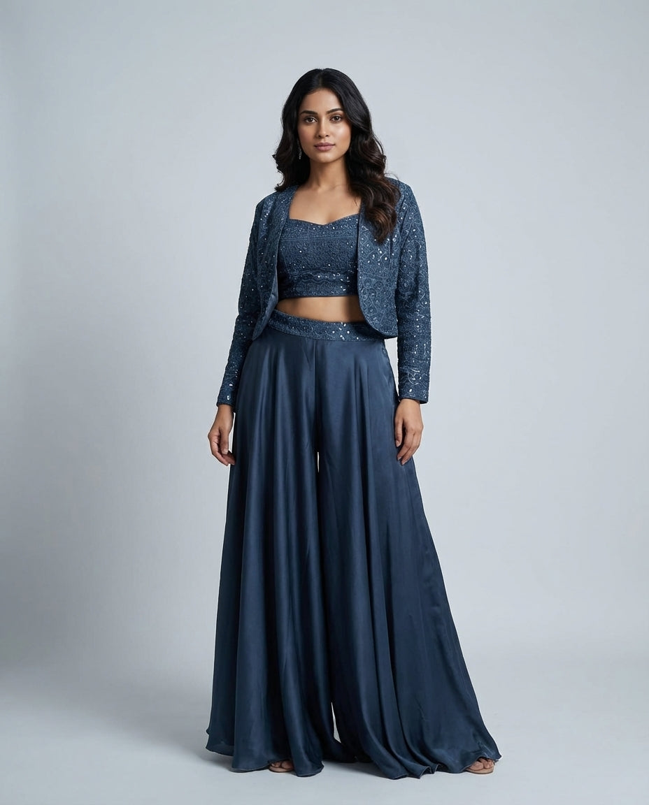 Navy Blue Embellished Crop Top Sharara Set with Jacket