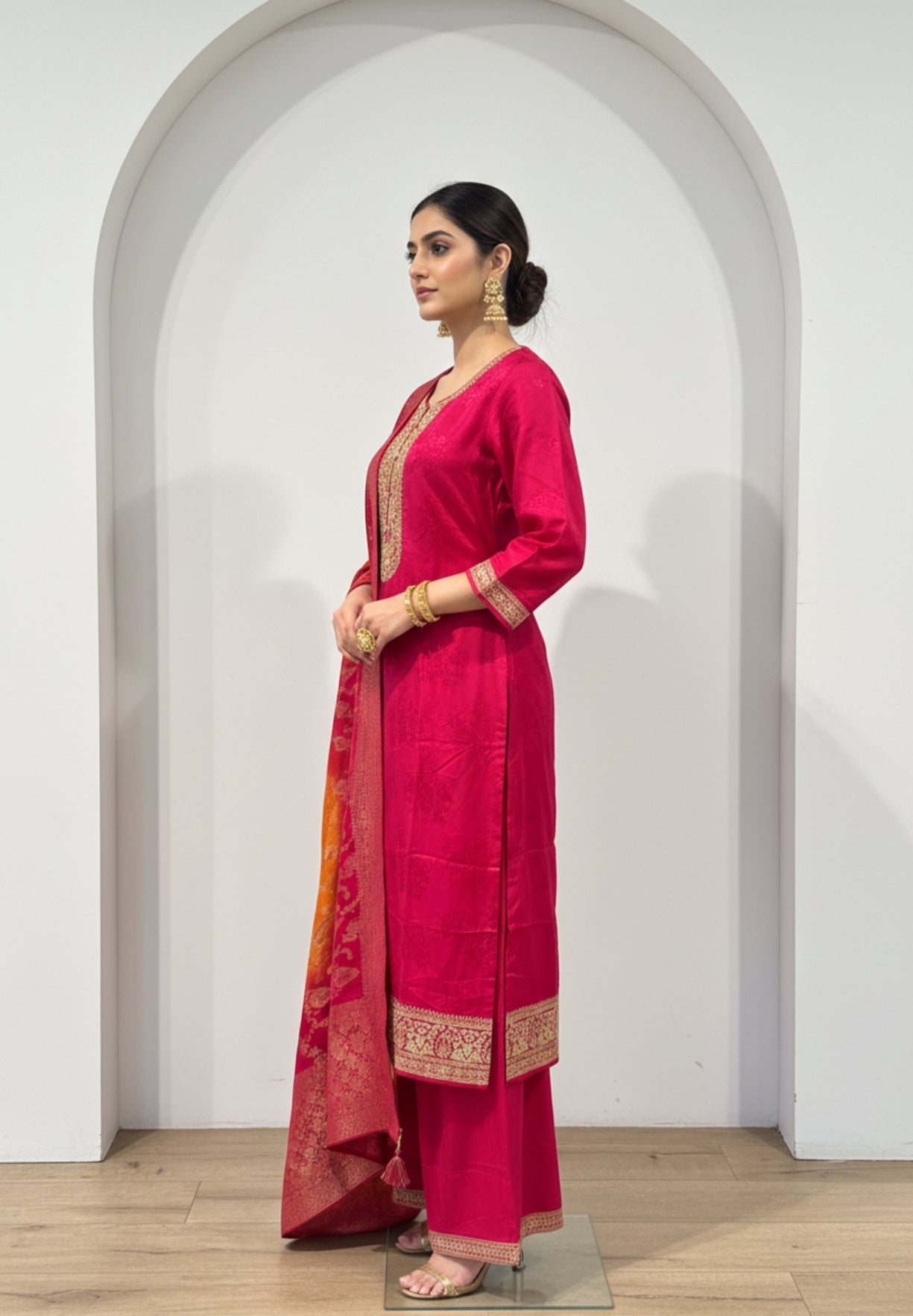 Fuchsia Pink and Orange Banarasi Silk Suit Set