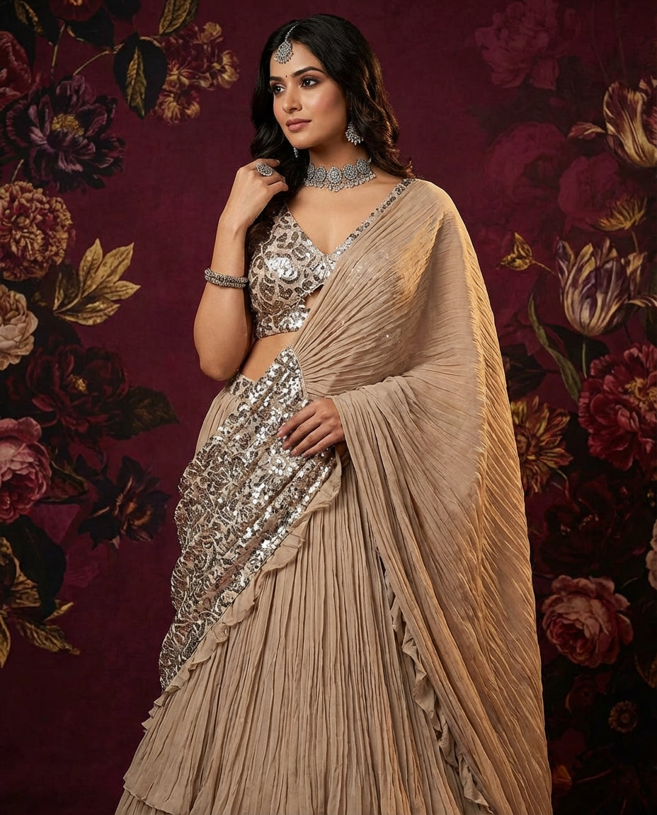 Embellished Draped Lehenga Saree with Ruffle Details