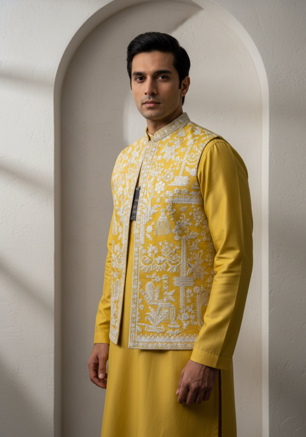 Mustard Yellow and White Achkan