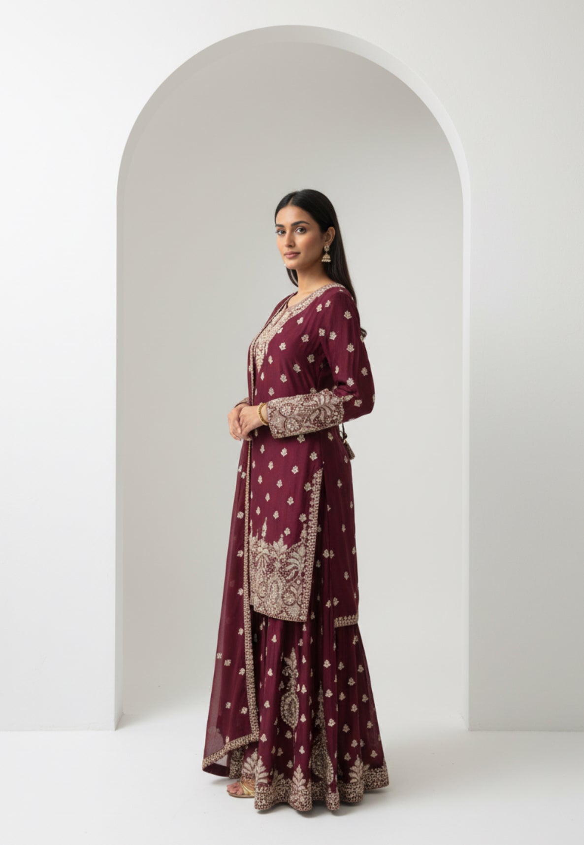 Maroon Embroidered Georgette Sharara Suit