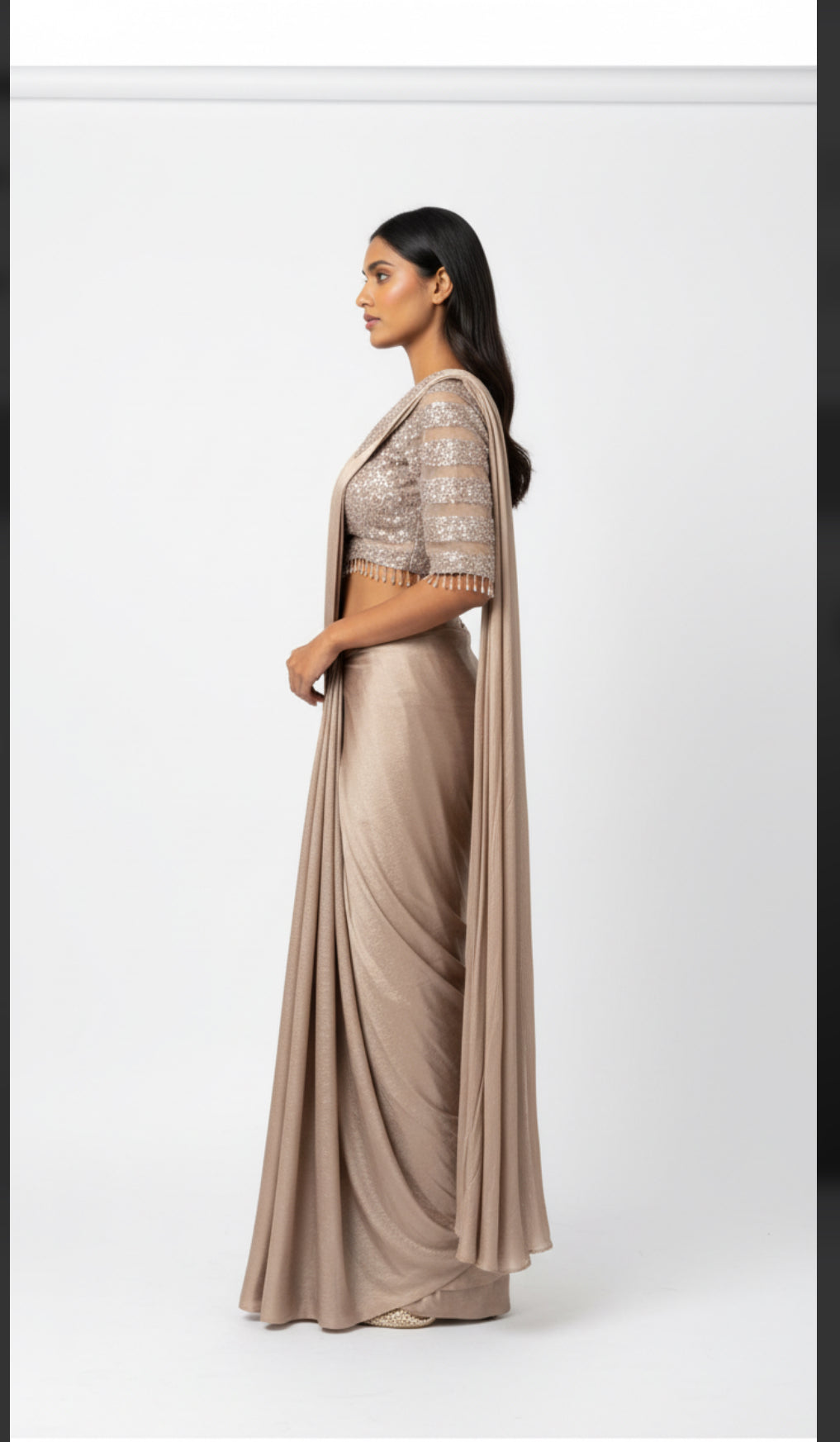 Champagne Bronze Drape Saree Set